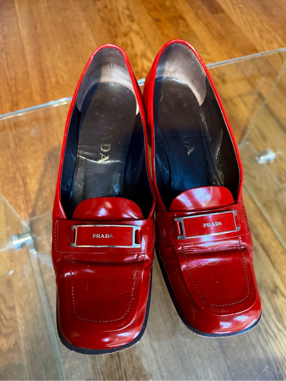 Prada Red Patent Leather Women's Loafers with Logo Plaque